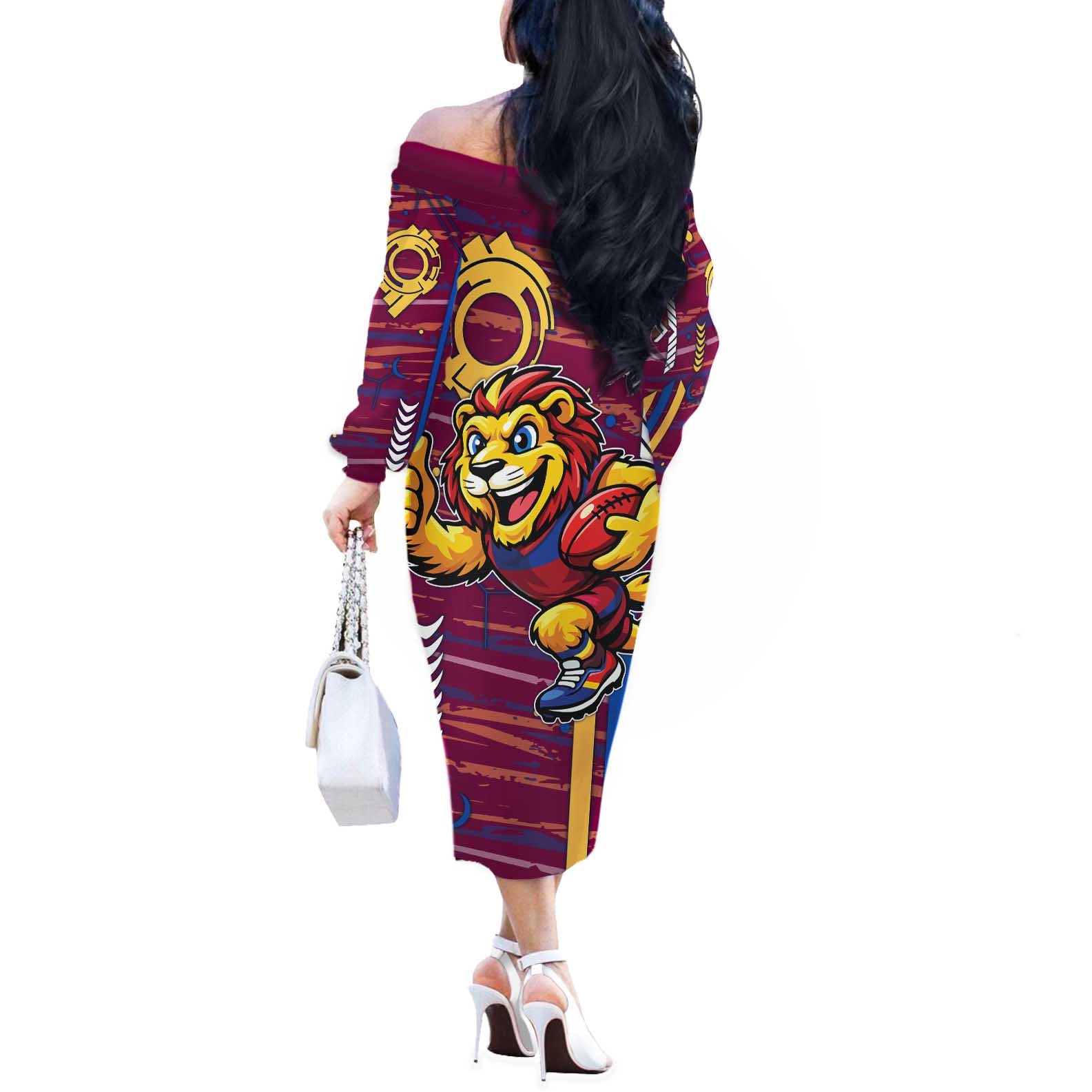 Brisbane Lions Off The Shoulder Long Sleeve Dress Mascot Cartoon Football Illustration Style