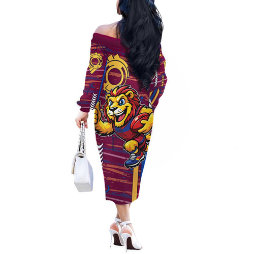 Brisbane Lions Off The Shoulder Long Sleeve Dress Mascot Cartoon Football Illustration Style