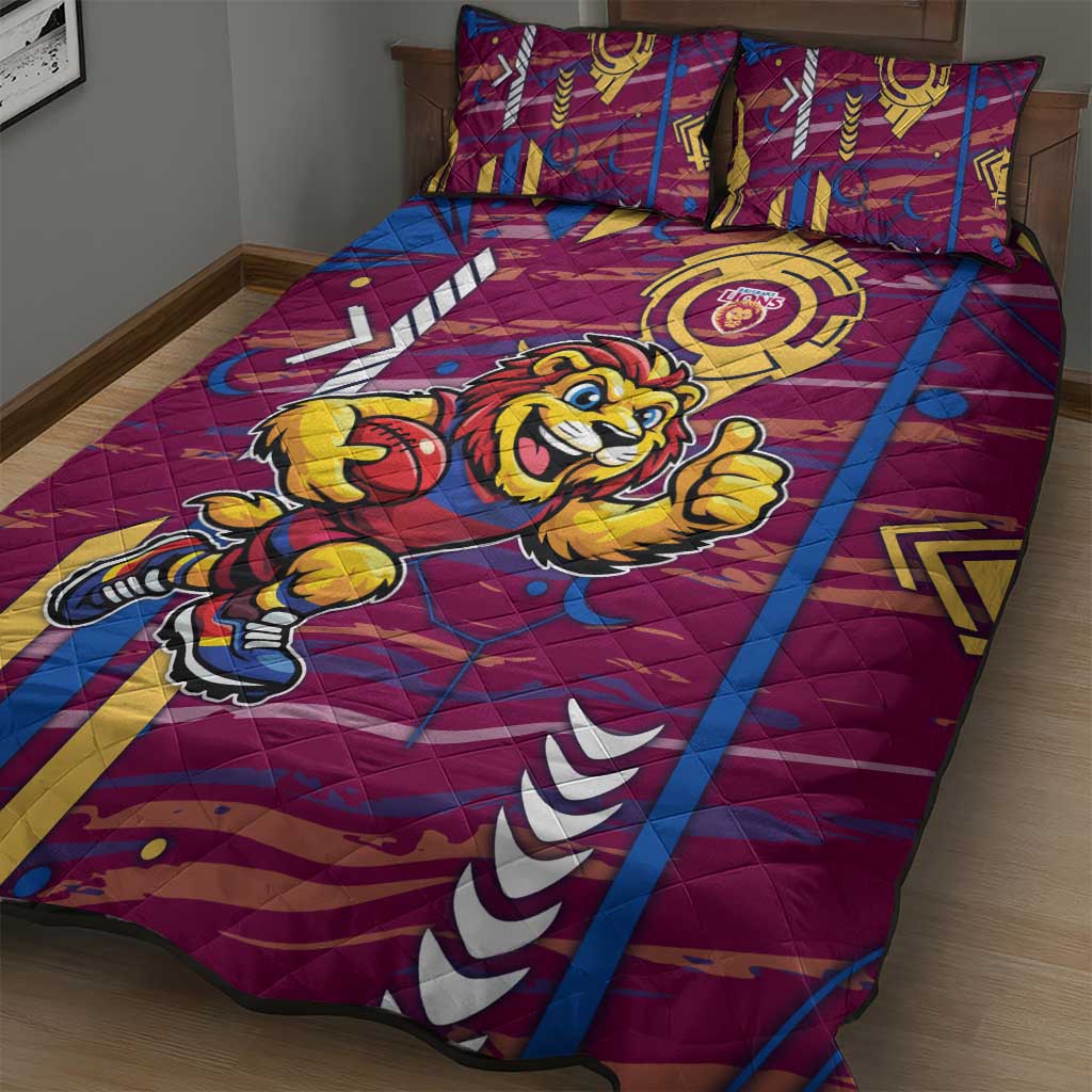 Brisbane Lions Quilt Bed Set Mascot Cartoon Football Illustration Style