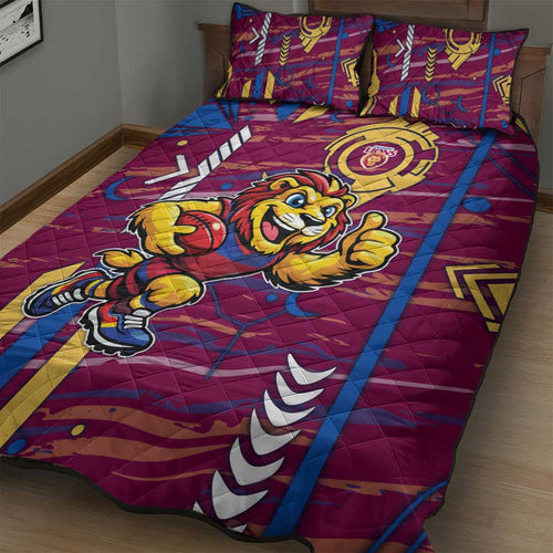Brisbane Lions Quilt Bed Set Mascot Cartoon Football Illustration Style