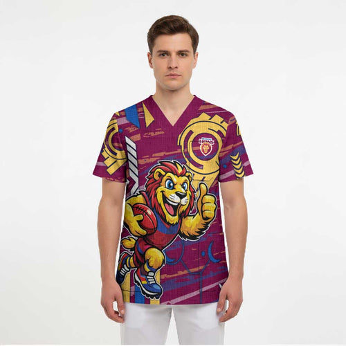Brisbane Lions Scrub Top Mascot Cartoon Football Illustration Style