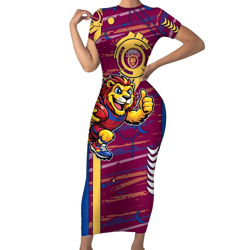 Brisbane Lions Short Sleeve Bodycon Dress Mascot Cartoon Football Illustration Style