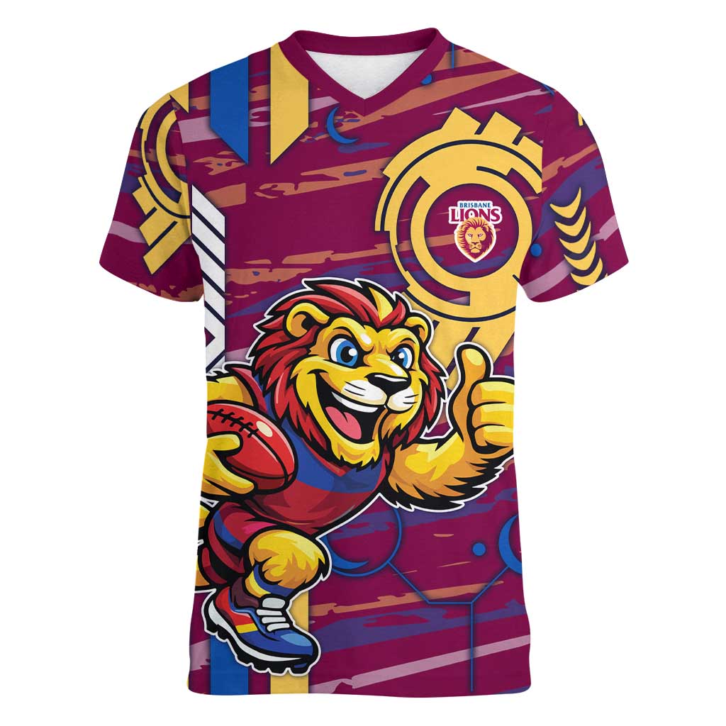 Brisbane Lions Women V-Neck T-Shirt Mascot Cartoon Football Illustration Style