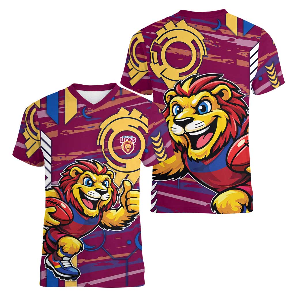 Brisbane Lions Women V-Neck T-Shirt Mascot Cartoon Football Illustration Style