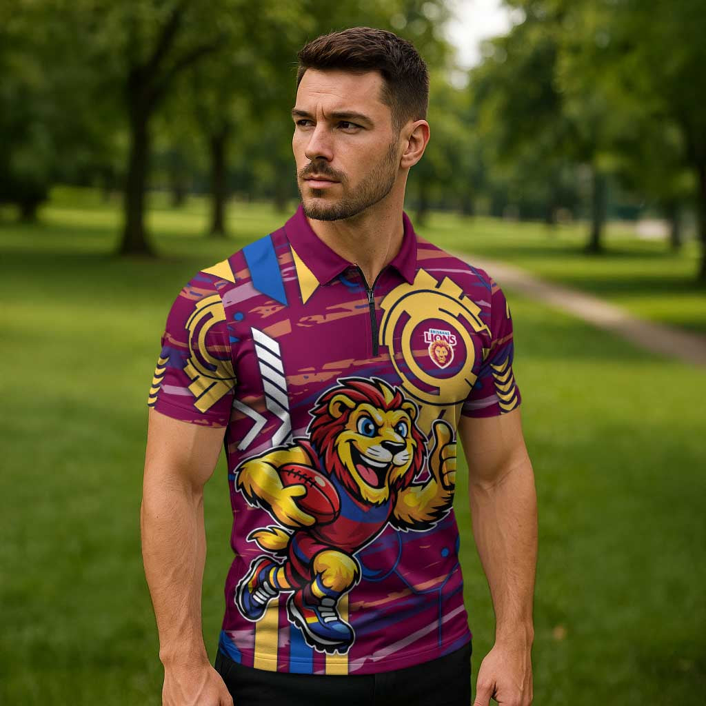 Brisbane Lions Zipper Polo Shirt Mascot Cartoon Football Illustration Style