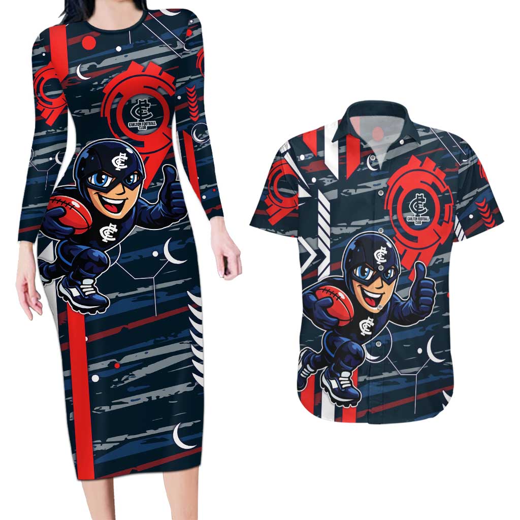 Carlton Football Club Couples Matching Long Sleeve Bodycon Dress and Hawaiian Shirt Mascot Cartoon Football Illustration Style