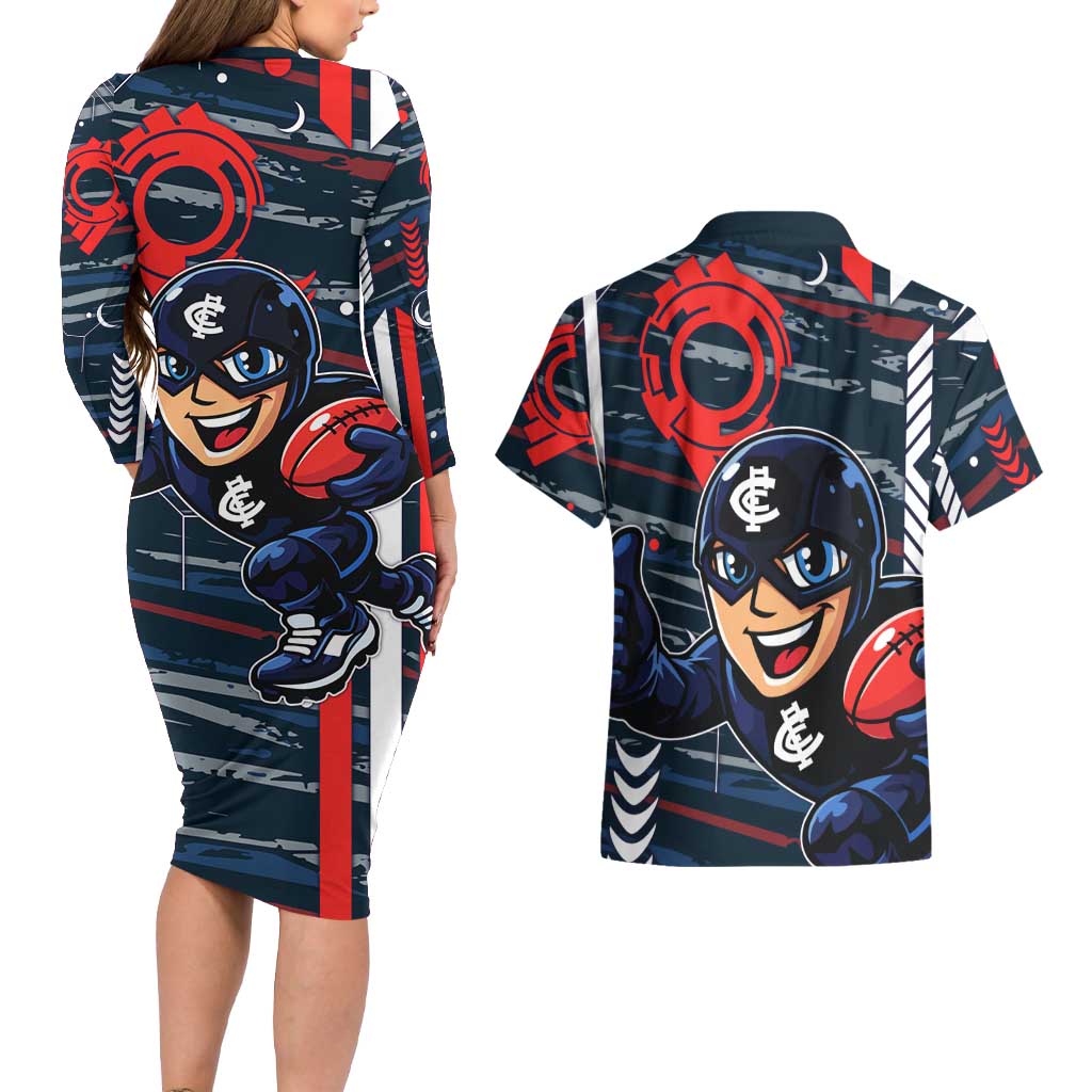 Carlton Football Club Couples Matching Long Sleeve Bodycon Dress and Hawaiian Shirt Mascot Cartoon Football Illustration Style