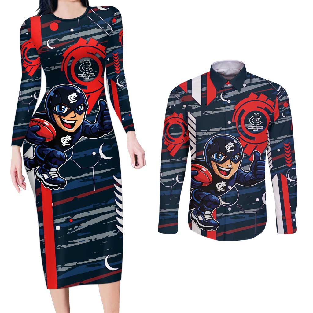 Carlton Football Club Couples Matching Long Sleeve Bodycon Dress and Long Sleeve Button Shirt Mascot Cartoon Football Illustration Style