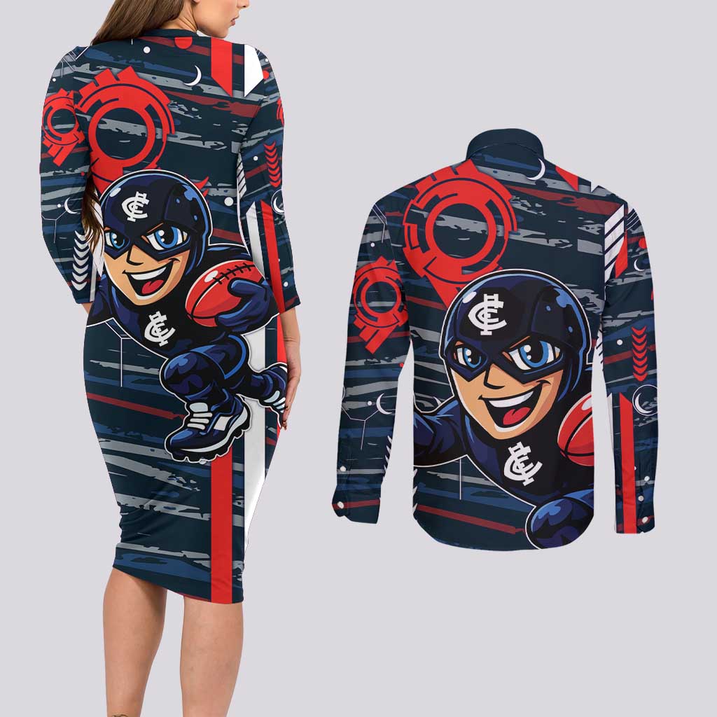Carlton Football Club Couples Matching Long Sleeve Bodycon Dress and Long Sleeve Button Shirt Mascot Cartoon Football Illustration Style