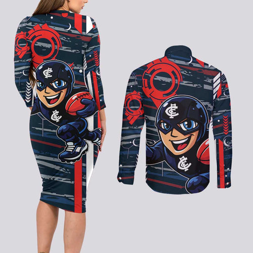 Carlton Football Club Couples Matching Long Sleeve Bodycon Dress and Long Sleeve Button Shirt Mascot Cartoon Football Illustration Style