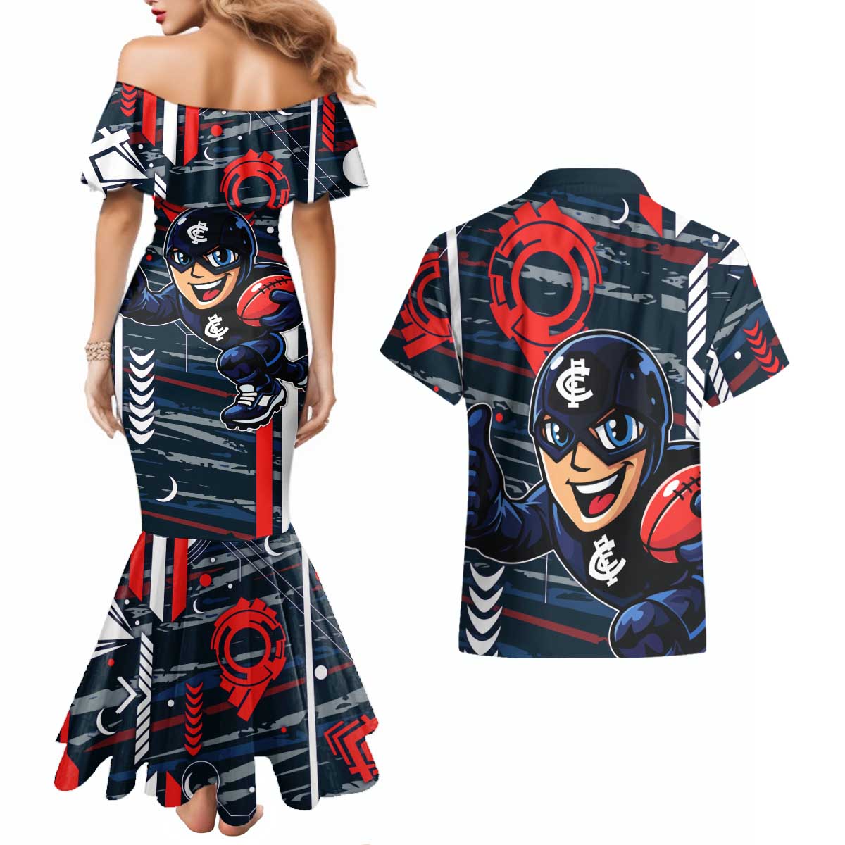 Carlton Football Club Couples Matching Mermaid Dress and Hawaiian Shirt Mascot Cartoon Football Illustration Style