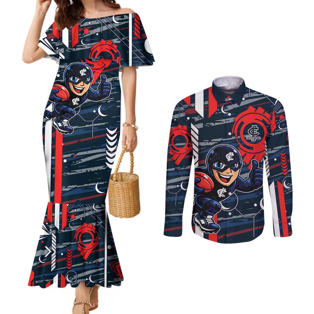 Carlton Football Club Couples Matching Mermaid Dress and Long Sleeve Button Shirt Mascot Cartoon Football Illustration Style