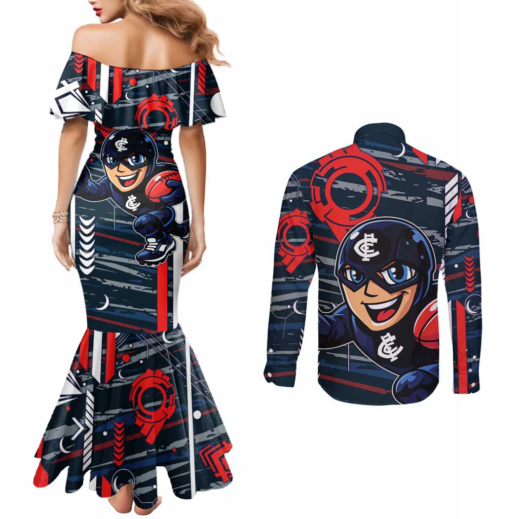 Carlton Football Club Couples Matching Mermaid Dress and Long Sleeve Button Shirt Mascot Cartoon Football Illustration Style
