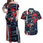 Carlton Football Club Couples Matching Off Shoulder Maxi Dress and Hawaiian Shirt Mascot Cartoon Football Illustration Style