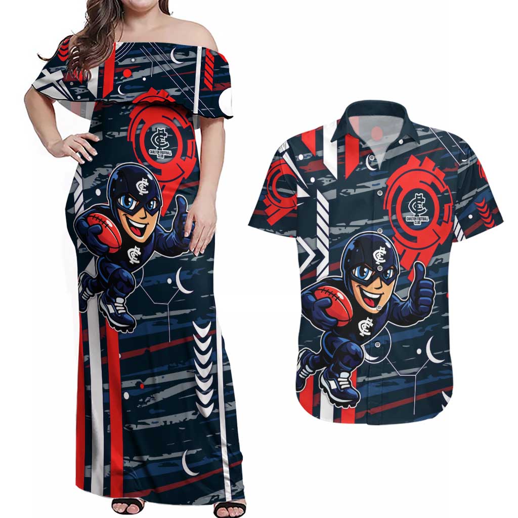 Carlton Football Club Couples Matching Off Shoulder Maxi Dress and Hawaiian Shirt Mascot Cartoon Football Illustration Style