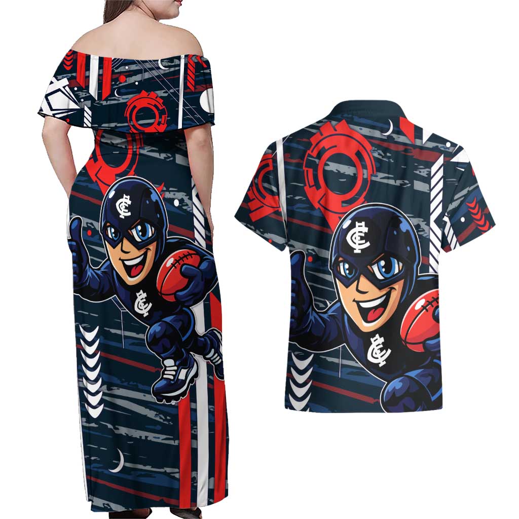 Carlton Football Club Couples Matching Off Shoulder Maxi Dress and Hawaiian Shirt Mascot Cartoon Football Illustration Style