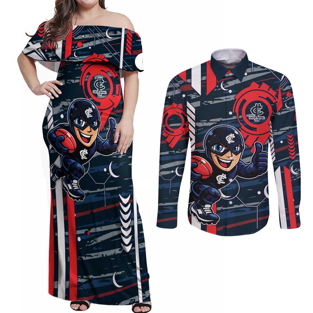 Carlton Football Club Couples Matching Off Shoulder Maxi Dress and Long Sleeve Button Shirt Mascot Cartoon Football Illustration Style