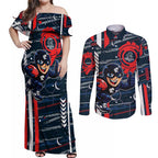Carlton Football Club Couples Matching Off Shoulder Maxi Dress and Long Sleeve Button Shirt Mascot Cartoon Football Illustration Style
