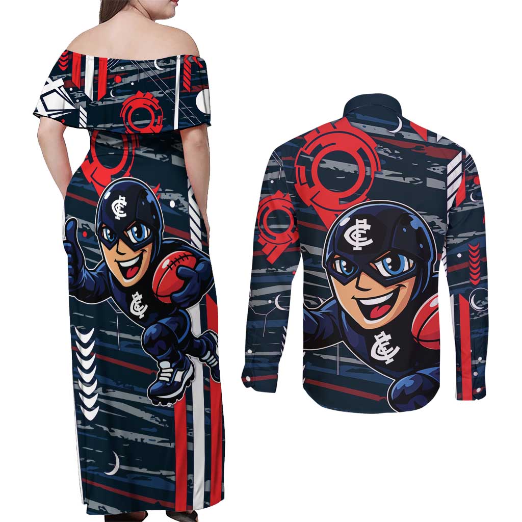 Carlton Football Club Couples Matching Off Shoulder Maxi Dress and Long Sleeve Button Shirt Mascot Cartoon Football Illustration Style