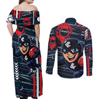 Carlton Football Club Couples Matching Off Shoulder Maxi Dress and Long Sleeve Button Shirt Mascot Cartoon Football Illustration Style