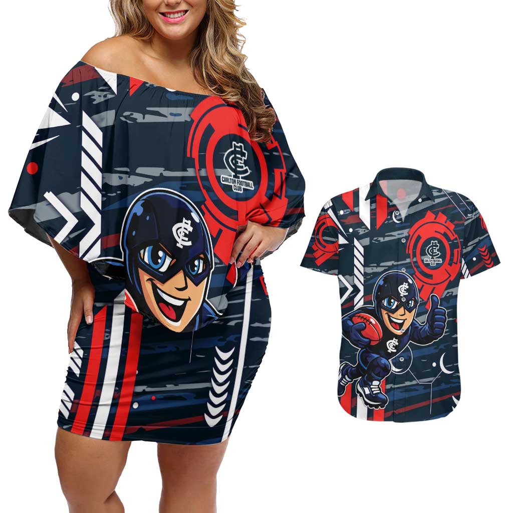 Carlton Football Club Couples Matching Off Shoulder Short Dress and Hawaiian Shirt Mascot Cartoon Football Illustration Style