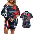 Carlton Football Club Couples Matching Off Shoulder Short Dress and Hawaiian Shirt Mascot Cartoon Football Illustration Style