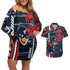 Carlton Football Club Couples Matching Off Shoulder Short Dress and Hawaiian Shirt Mascot Cartoon Football Illustration Style