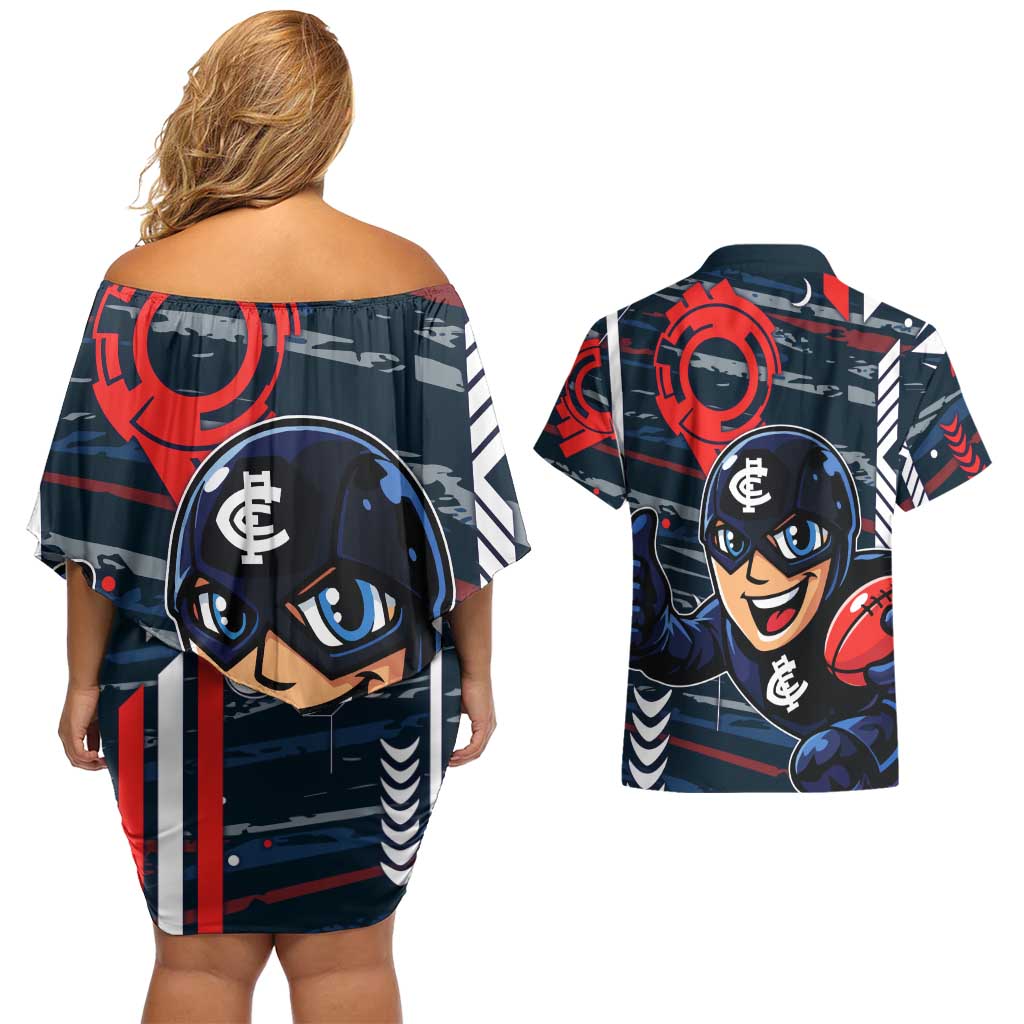 Carlton Football Club Couples Matching Off Shoulder Short Dress and Hawaiian Shirt Mascot Cartoon Football Illustration Style