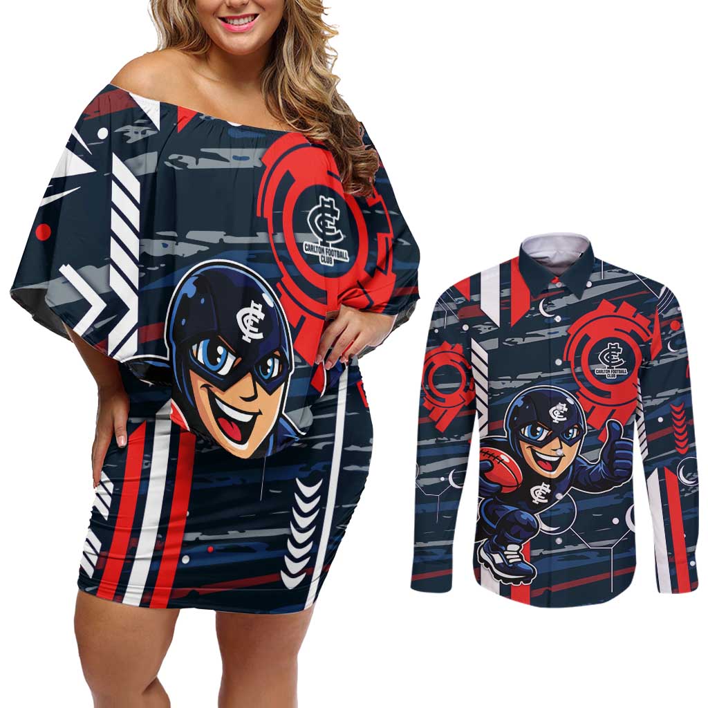 Carlton Football Club Couples Matching Off Shoulder Short Dress and Long Sleeve Button Shirt Mascot Cartoon Football Illustration Style