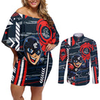Carlton Football Club Couples Matching Off Shoulder Short Dress and Long Sleeve Button Shirt Mascot Cartoon Football Illustration Style