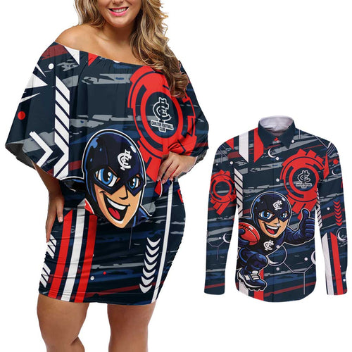 Carlton Football Club Couples Matching Off Shoulder Short Dress and Long Sleeve Button Shirt Mascot Cartoon Football Illustration Style
