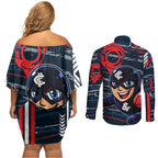 Carlton Football Club Couples Matching Off Shoulder Short Dress and Long Sleeve Button Shirt Mascot Cartoon Football Illustration Style