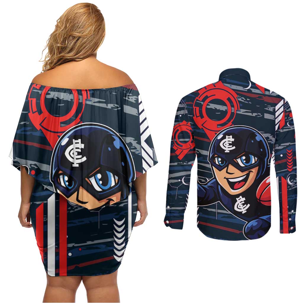 Carlton Football Club Couples Matching Off Shoulder Short Dress and Long Sleeve Button Shirt Mascot Cartoon Football Illustration Style