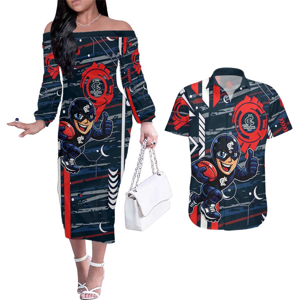 Carlton Football Club Couples Matching Off The Shoulder Long Sleeve Dress and Hawaiian Shirt Mascot Cartoon Football Illustration Style