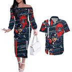 Carlton Football Club Couples Matching Off The Shoulder Long Sleeve Dress and Hawaiian Shirt Mascot Cartoon Football Illustration Style