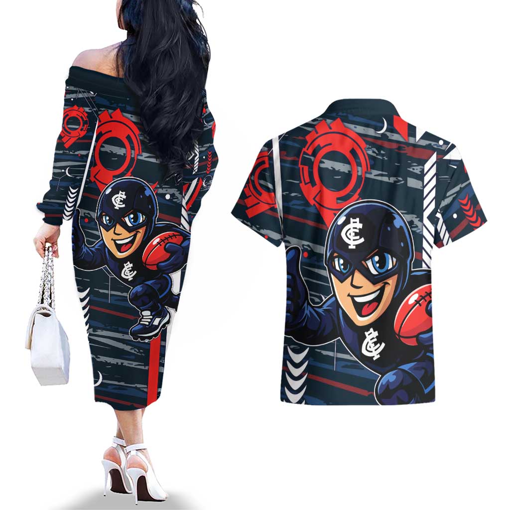 Carlton Football Club Couples Matching Off The Shoulder Long Sleeve Dress and Hawaiian Shirt Mascot Cartoon Football Illustration Style