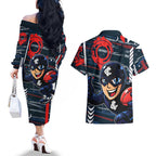 Carlton Football Club Couples Matching Off The Shoulder Long Sleeve Dress and Hawaiian Shirt Mascot Cartoon Football Illustration Style