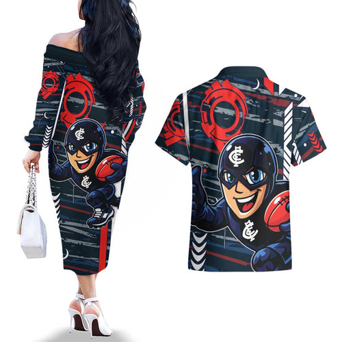 Carlton Football Club Couples Matching Off The Shoulder Long Sleeve Dress and Hawaiian Shirt Mascot Cartoon Football Illustration Style