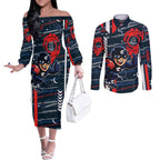 Carlton Football Club Couples Matching Off The Shoulder Long Sleeve Dress and Long Sleeve Button Shirt Mascot Cartoon Football Illustration Style