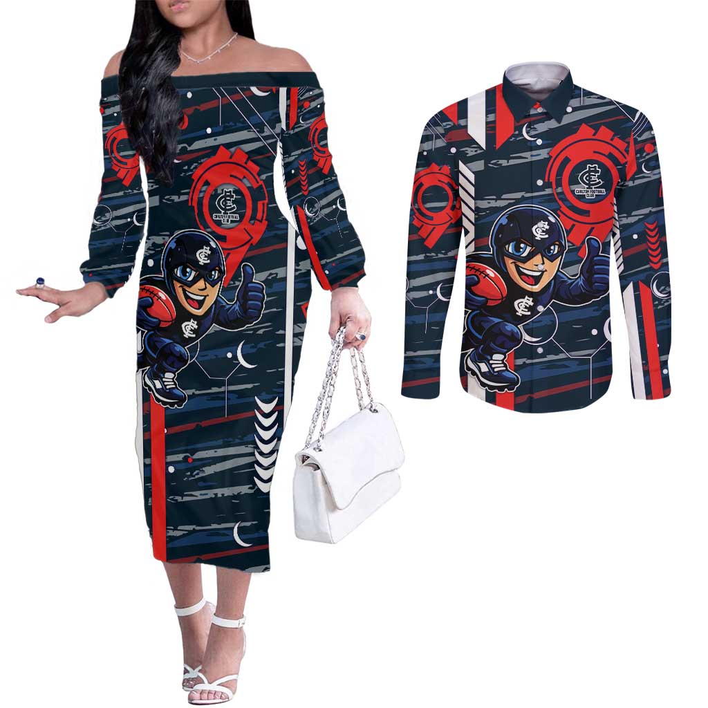Carlton Football Club Couples Matching Off The Shoulder Long Sleeve Dress and Long Sleeve Button Shirt Mascot Cartoon Football Illustration Style
