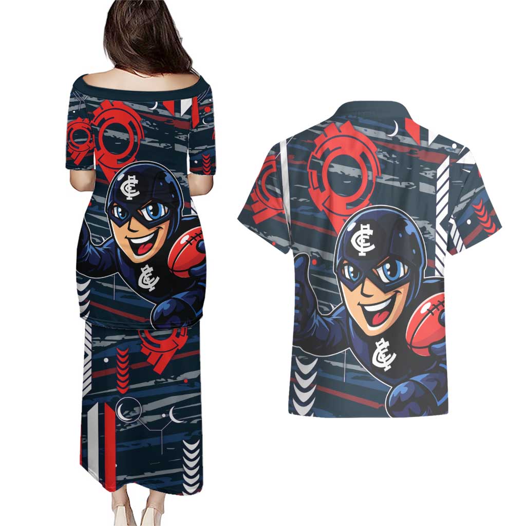 Carlton Football Club Couples Matching Puletasi and Hawaiian Shirt Mascot Cartoon Football Illustration Style