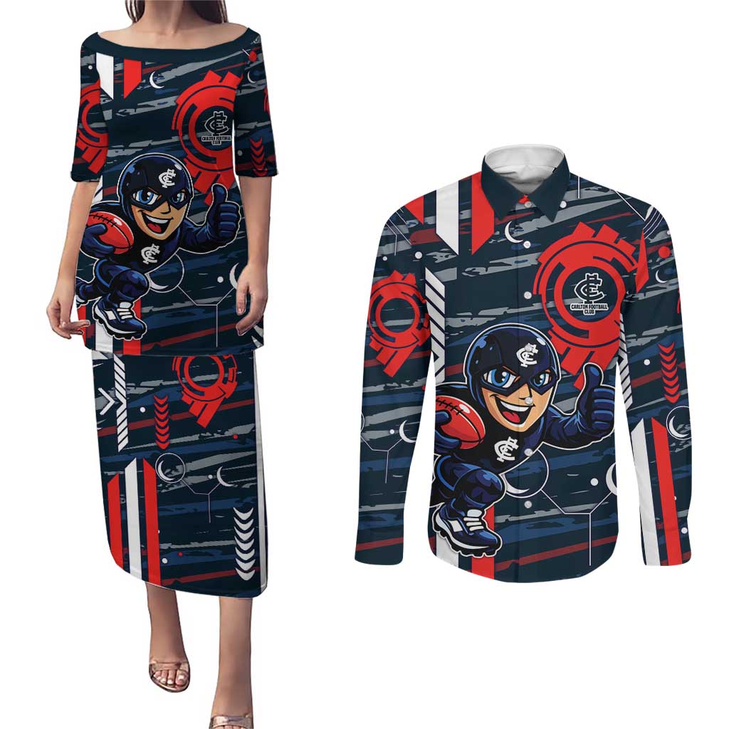 Carlton Football Club Couples Matching Puletasi and Long Sleeve Button Shirt Mascot Cartoon Football Illustration Style