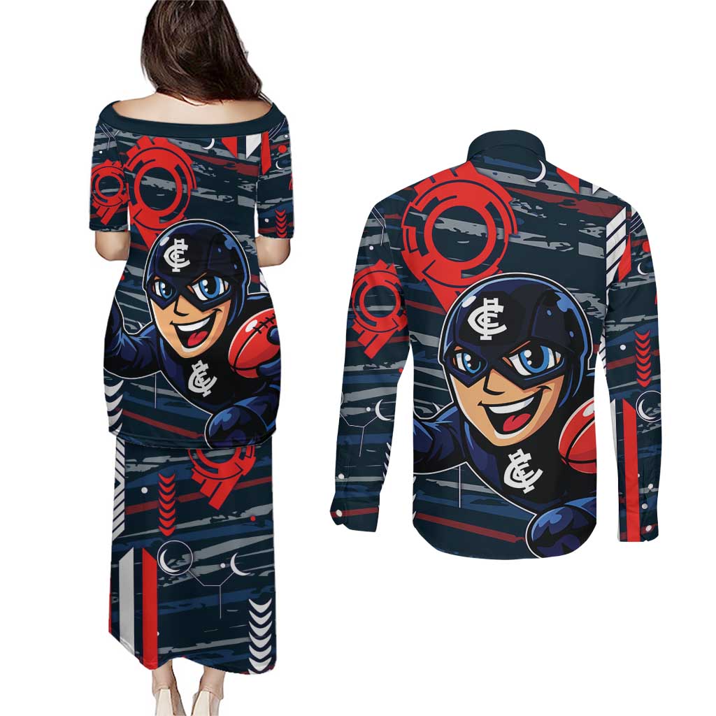 Carlton Football Club Couples Matching Puletasi and Long Sleeve Button Shirt Mascot Cartoon Football Illustration Style