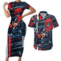 Carlton Football Club Couples Matching Short Sleeve Bodycon Dress and Hawaiian Shirt Mascot Cartoon Football Illustration Style