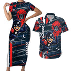 Carlton Football Club Couples Matching Short Sleeve Bodycon Dress and Hawaiian Shirt Mascot Cartoon Football Illustration Style