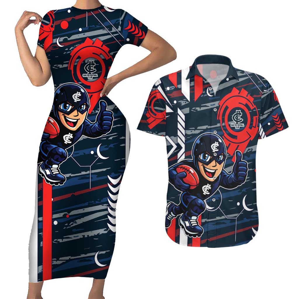 Carlton Football Club Couples Matching Short Sleeve Bodycon Dress and Hawaiian Shirt Mascot Cartoon Football Illustration Style