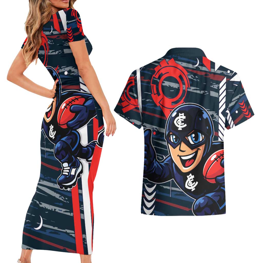 Carlton Football Club Couples Matching Short Sleeve Bodycon Dress and Hawaiian Shirt Mascot Cartoon Football Illustration Style
