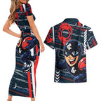 Carlton Football Club Couples Matching Short Sleeve Bodycon Dress and Hawaiian Shirt Mascot Cartoon Football Illustration Style