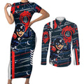 Carlton Football Club Couples Matching Short Sleeve Bodycon Dress and Long Sleeve Button Shirt Mascot Cartoon Football Illustration Style