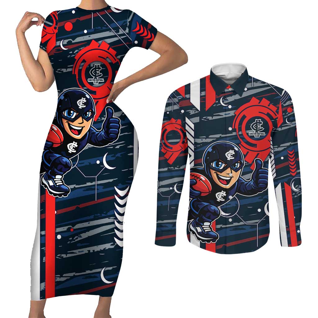 Carlton Football Club Couples Matching Short Sleeve Bodycon Dress and Long Sleeve Button Shirt Mascot Cartoon Football Illustration Style